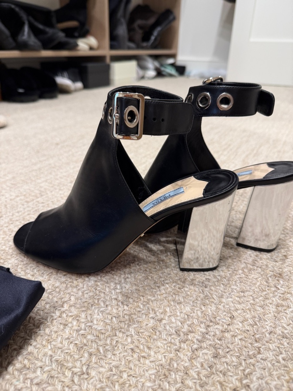 Vintage Prada Black Leather Peep-Toe Ankle Boots with Silver Eyelets - Picture 3 of 7